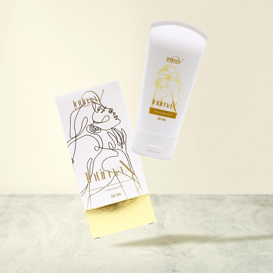 IntimaX intimate gel tube and box with gold line art